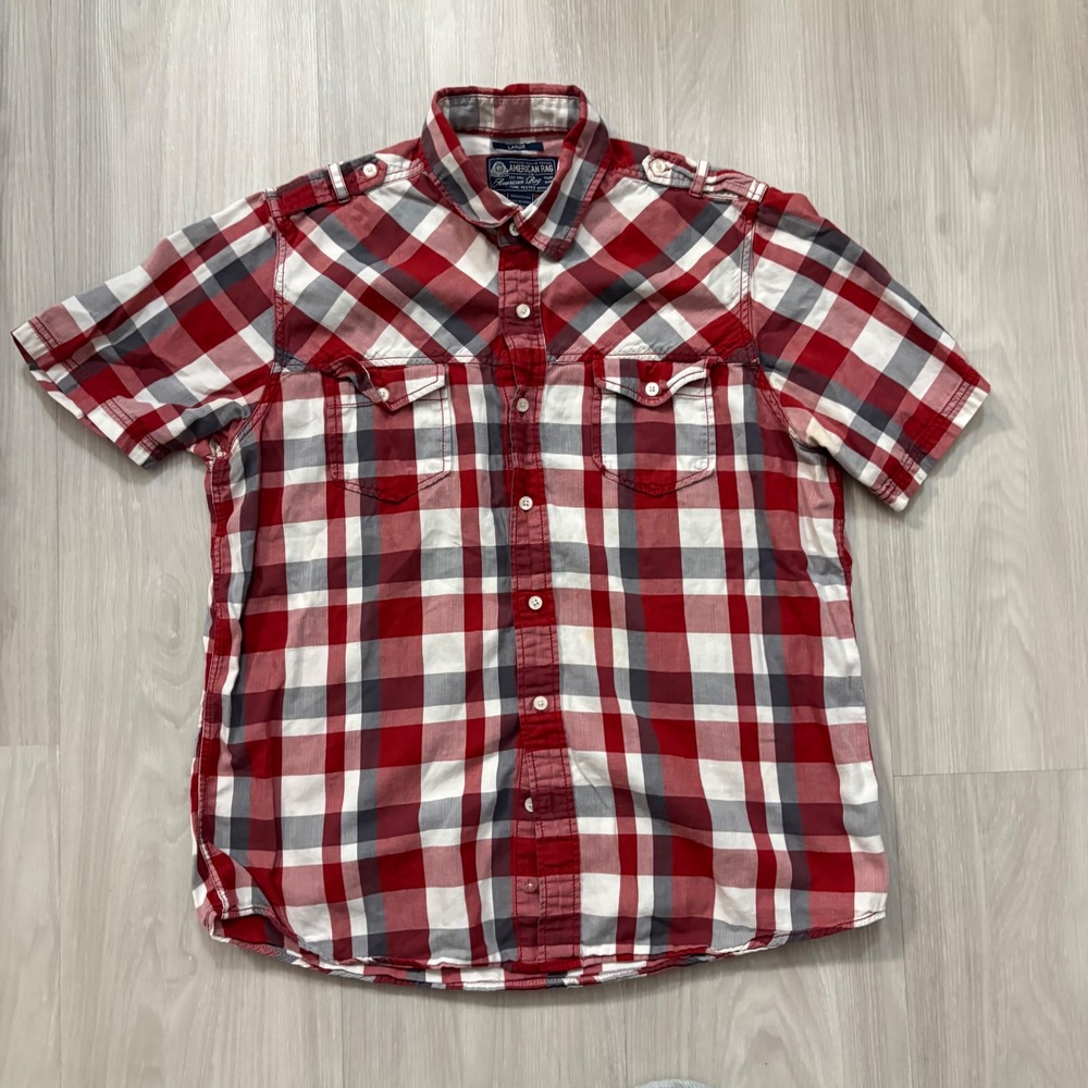 American Rag Shirt Men Plaid Short Sleeve Button Down Large Red Gray White XL